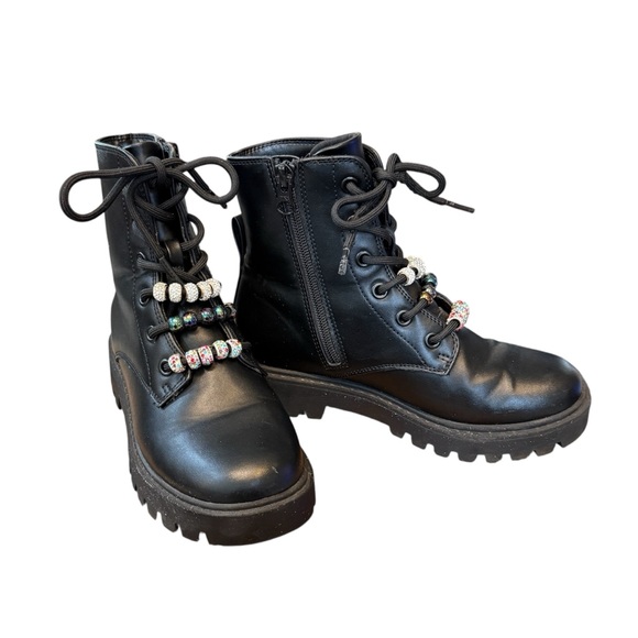 art class Other - Black Zip-Up Combat Boots with Laces & Decorative Bead Accents Size 2 Girls